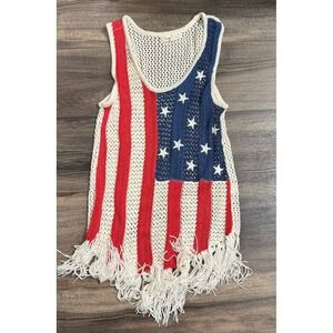 Cloud‎ Chaser Patriotic Crochet Fringe Tank Top L Red White Blue American Flag